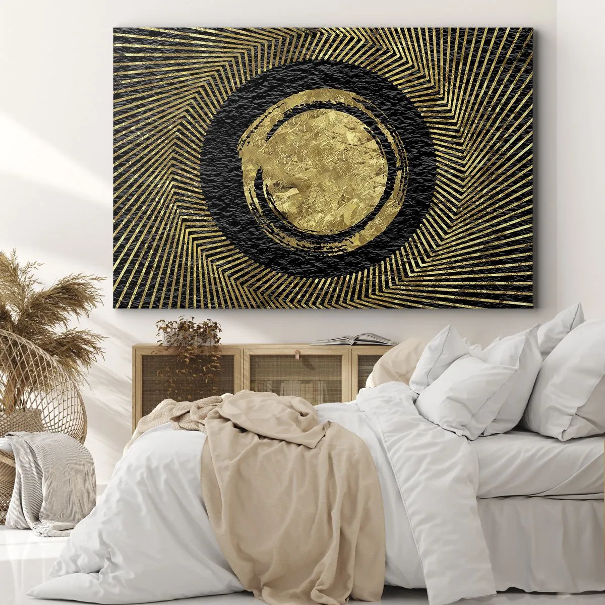 Bild auf Leinwand - Leinwandbild - Geometrische Komposition in Schwarz und Gold mit Strahlen - 120x80cm - Glamour-Komposition - Moderne Wanddekoration für Wohnzimmer und Schlafzimmer ARTTOR