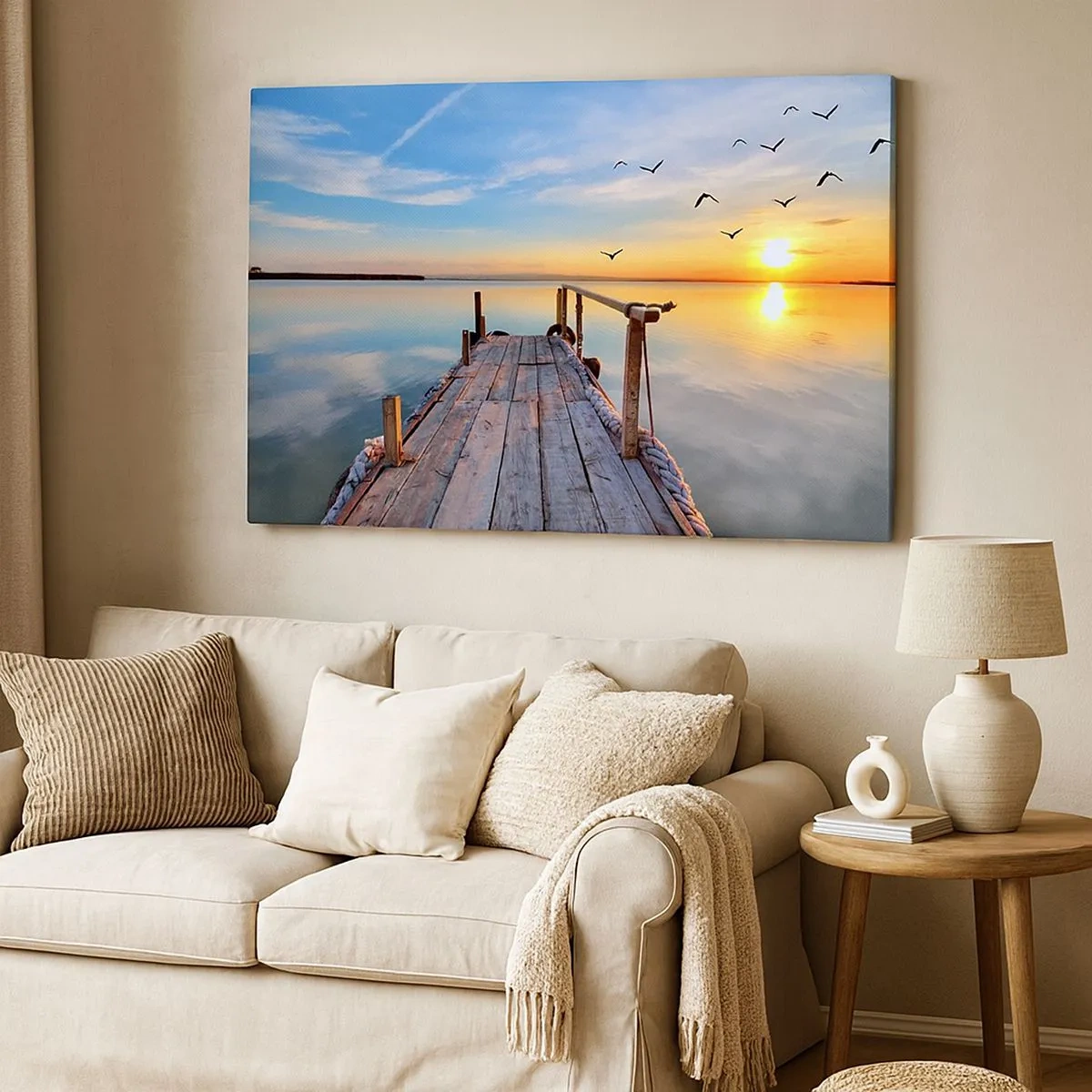 Bild auf Leinwand - Leinwandbild - Holzsteg bei Sonnenuntergang auf einem ruhigen See - 70x50cm - Lauf direkt der Sonne entgegen - Moderne Wanddekoration für Wohnzimmer und Schlafzimmer ARTTOR