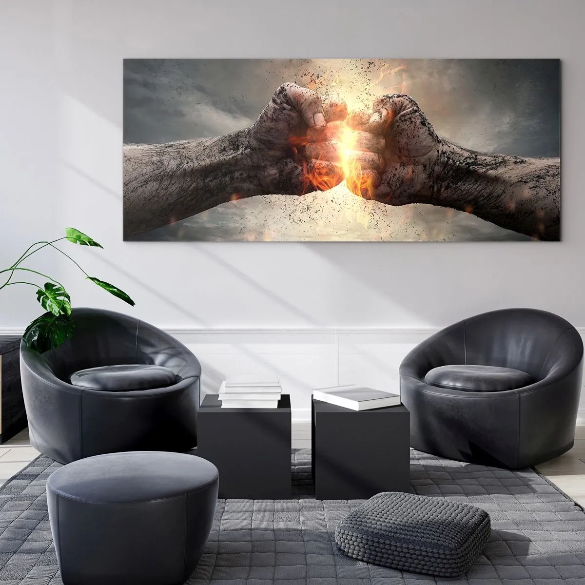 Glasbild - Bild auf glas - Geballte Fäuste in einer dynamischen Brandszene - 120x50cm - Steh auf für einen Kampf - Moderne Wanddekoration für Wohnzimmer und Schlafzimmer ARTTOR