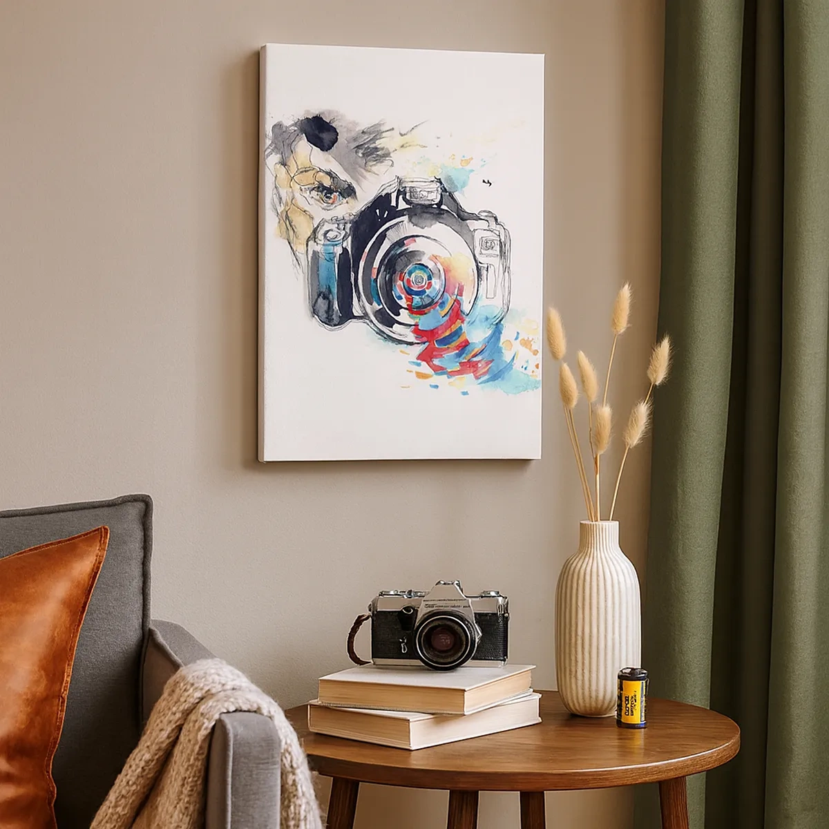 Bild auf Leinwand - Leinwandbild - Aquarellkamera mit farbenfrohen Details - 50x70cm - Im Auge der Linse - Moderne Wanddekoration für Wohnzimmer und Schlafzimmer ARTTOR