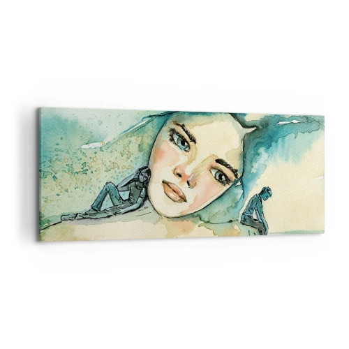 Bild auf Leinwand - Leinwandbild - Aquarell eines Frauengesichts mit reflektierendem Motiv - 120x50cm - Bin ich blau? - Moderne Wanddekoration für Wohnzimmer und Schlafzimmer ARTTOR