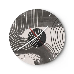 Wanduhr - Glasuhr - Schwarze und weiße Linien in einem wellenförmigen Rhythmus, die einen schwarzen Kreis umgeben - 30x30cm - Oval gewinnt - Moderne Wanddekoration für Wohnzimmer, Küche und Schlafzimmer ARTTOR