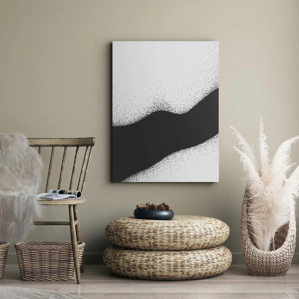 Bild auf Leinwand - Leinwandbild - Abstraktes schwarz-weißes Muster mit zarten Punkten auf Leinwand - 50x70cm - Flüssiges Gleichgewicht - Moderne Wanddekoration für Wohnzimmer und Schlafzimmer ARTTOR