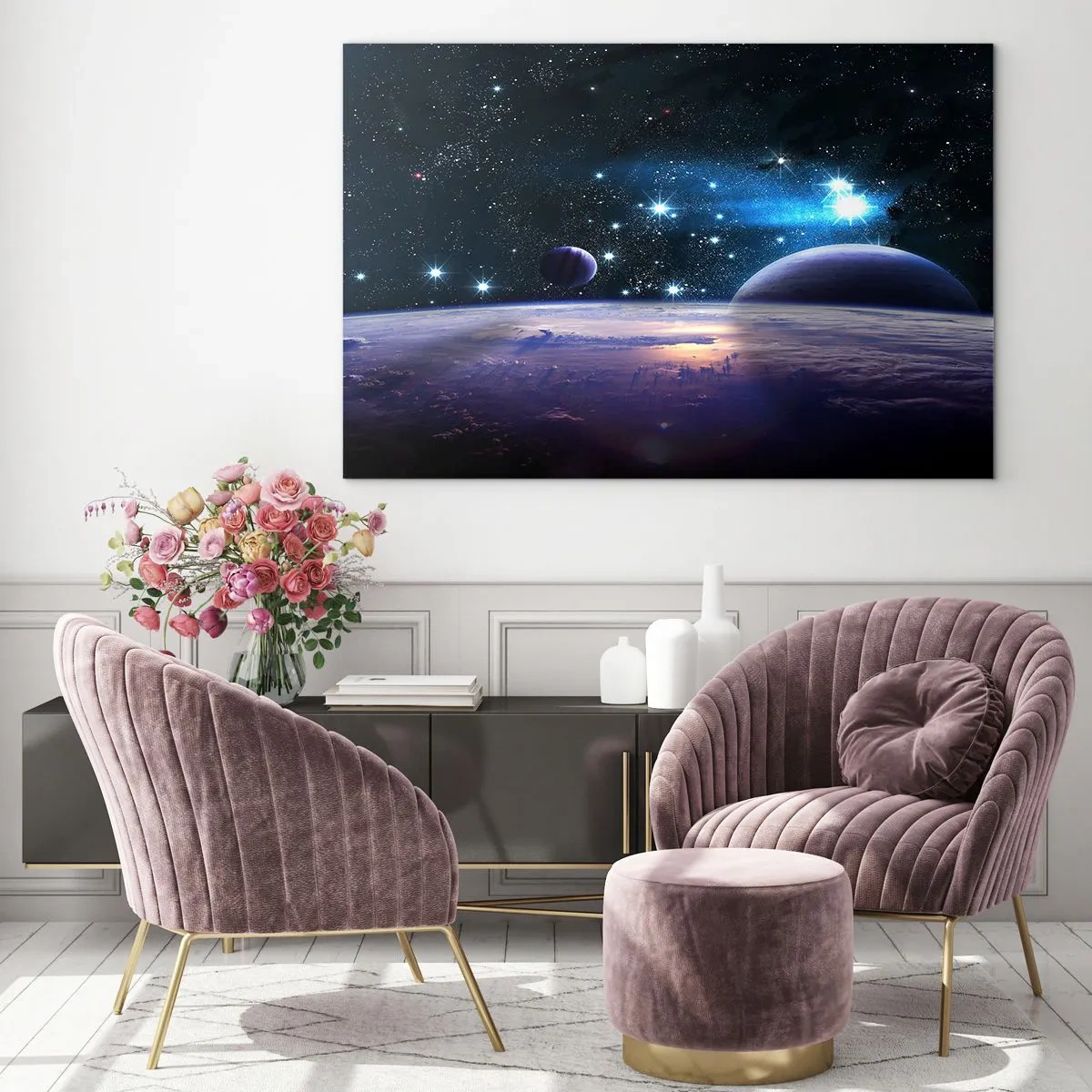 Glasbild - Bild auf glas - Eine Weltraumlandschaft mit Planeten und Sternen vor dem Hintergrund einer Galaxie. - 120x80cm - Noch allein? - Moderne Wanddekoration für Wohnzimmer und Schlafzimmer ARTTOR