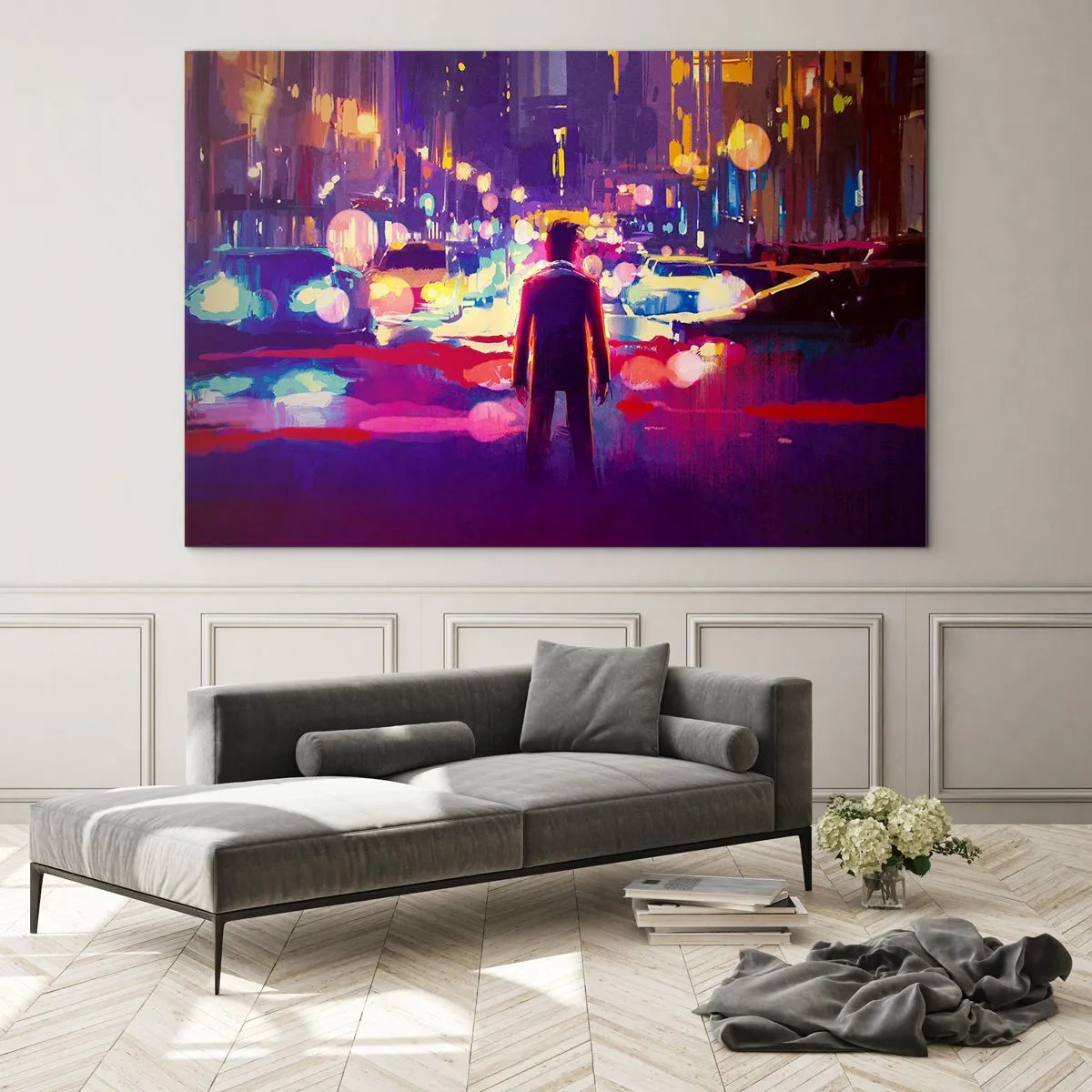 Glasbild - Bild auf glas - Eine Figur in einem farbenfrohen, futuristischen Stadtnachtlicht - 120x80cm - Eingetaucht in das Licht - Moderne Wanddekoration für Wohnzimmer und Schlafzimmer ARTTOR