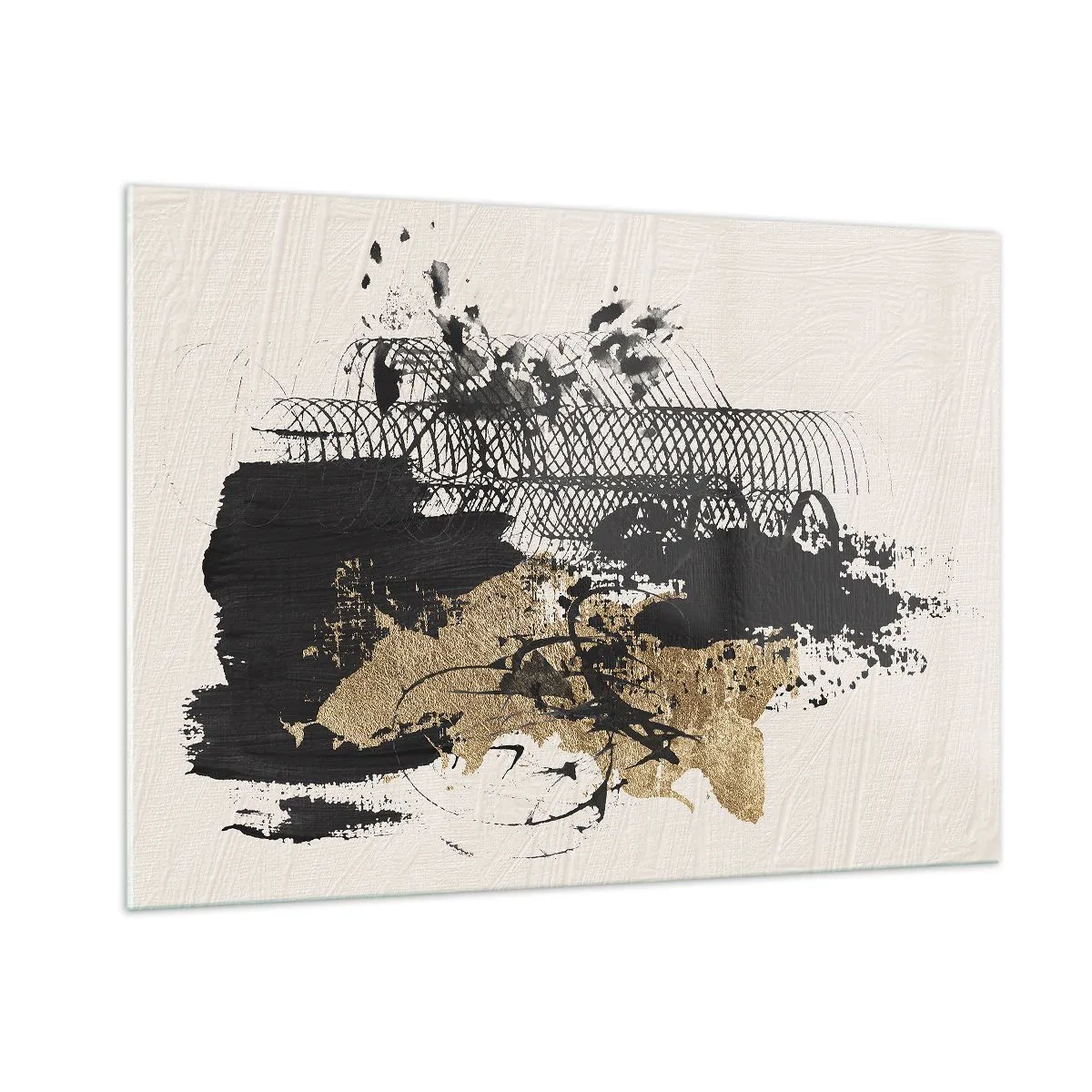 Glasbild - Bild auf glas - Abstrakte Komposition in Schwarz und Gold auf hellem Hintergrund - 100x70cm - Komposition mit Leidenschaft - Moderne Wanddekoration für Wohnzimmer und Schlafzimmer ARTTOR