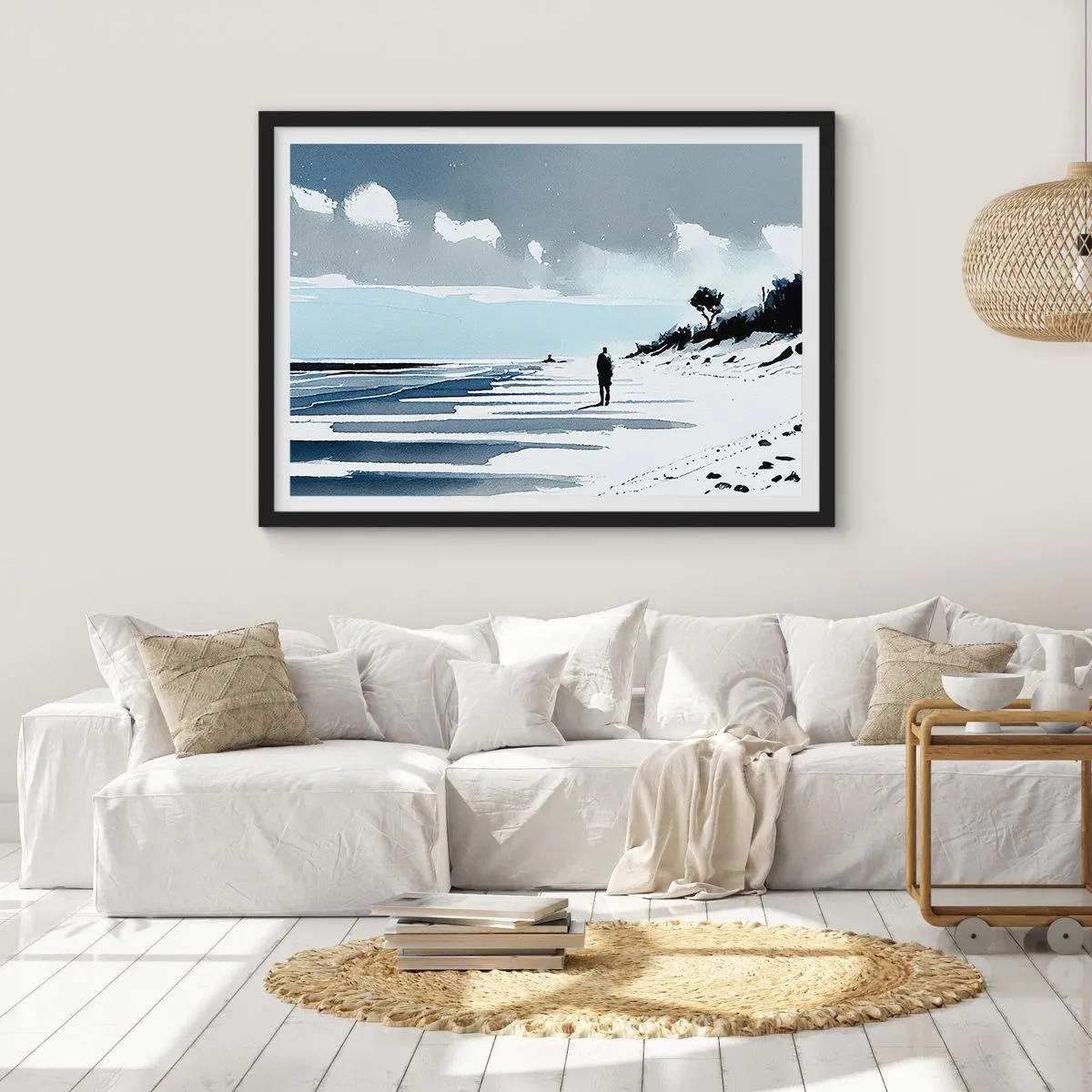 Poster in einem schwarzem Rahmen - Eine einsame Gestalt, die an einem leeren Strand entlanggeht - 70x50cm - Allein sein - Moderne Wanddekoration für Wohnzimmer und Schlafzimmer ARTTOR