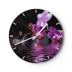 Wanduhr - Glasuhr - Rosa Orchideen spiegeln sich im Wasser auf schwarzem Hintergrund - 30x30cm - Lila Spiegelbild der Schönheit - Moderne Wanddekoration für Wohnzimmer, Küche und Schlafzimmer ARTTOR