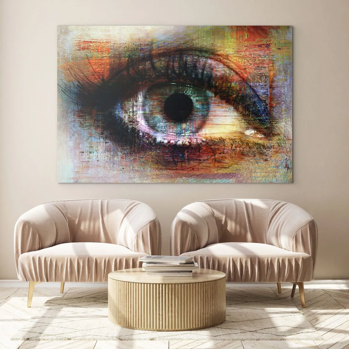Glasbild - Bild auf glas - Ein abstraktes Auge in intensiven, mehrfarbigen Farbtönen - 100x70cm - Du kannst in die Seele sehen - Moderne Wanddekoration für Wohnzimmer und Schlafzimmer ARTTOR