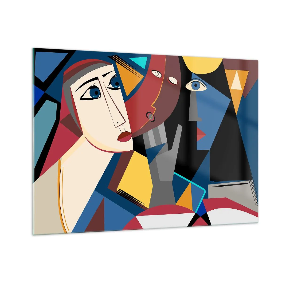 Glasbild - Bild auf glas - Kubistische Gesichter in intensiven Farben - 100x70cm - Gespräch zwischen Kubisten - Moderne Wanddekoration für Wohnzimmer und Schlafzimmer ARTTOR
