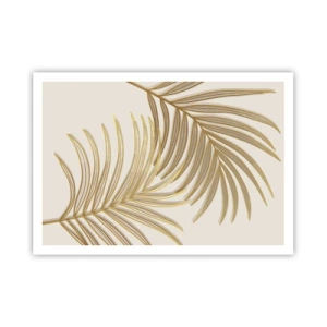 Poster - Goldene Palmblätter auf hellem Hintergrund im minimalistischen Stil - 100x70cm - Goldene Palme! - Moderne Wanddekoration für Wohnzimmer und Schlafzimmer ARTTOR