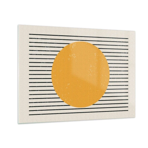 Glasbild - Bild auf glas - Ein orangefarbener Kreis vor einem Hintergrund aus horizontalen schwarzen Linien auf beigem Untergrund. - 70x50cm - Die Kraft der Einfachheit - Moderne Wanddekoration für Wohnzimmer und Schlafzimmer ARTTOR