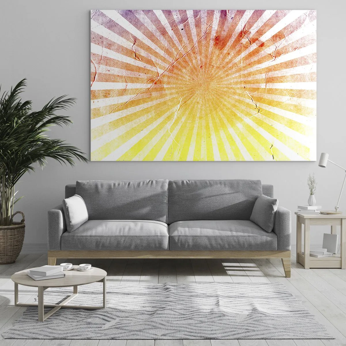 Glasbild - Bild auf glas - Strahlen der aufgehenden oder untergehenden Sonne im Retro-Stil - 100x70cm - Sonnenaufgänge und Sonnenuntergänge - Moderne Wanddekoration für Wohnzimmer und Schlafzimmer ARTTOR