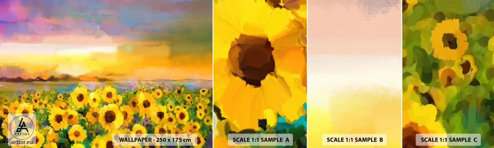 Fototapeten Muster Selbstklebend Deluxe Sticker - Die Sonne selbst ist auf die Erde herabgestiegen - Sonnenblumenfeld, Sonnenblume, Natur - 100x30 cm