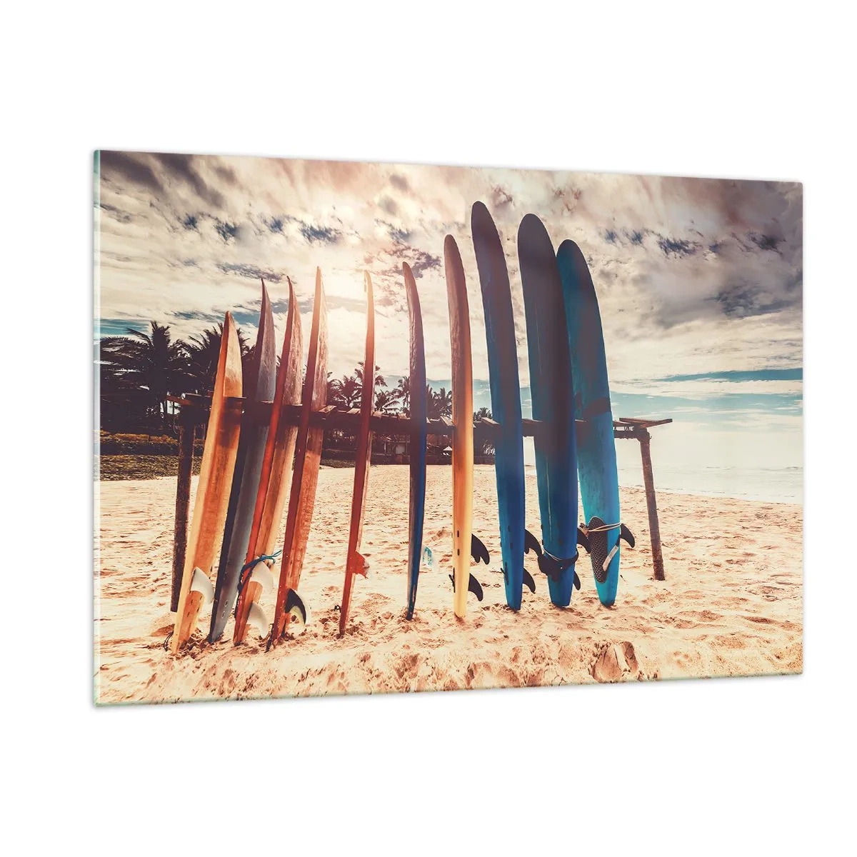 Glasbild - Bild auf glas - Bunte Surfbretter aufgereiht am Strand bei Sonnenuntergang - 120x80cm - Gute Nacht bis morgen - Moderne Wanddekoration für Wohnzimmer und Schlafzimmer ARTTOR