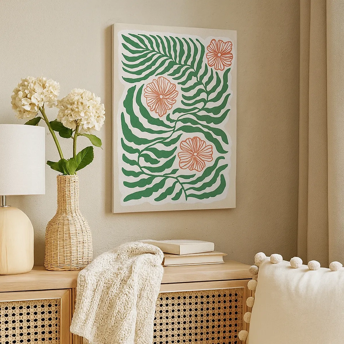 Bild auf Leinwand - Leinwandbild - Ein minimalistisches Motiv aus grünen Blättern mit Blüten in Orangetönen. - 50x70cm - Aufgeblüht in Grün - Moderne Wanddekoration für Wohnzimmer und Schlafzimmer ARTTOR