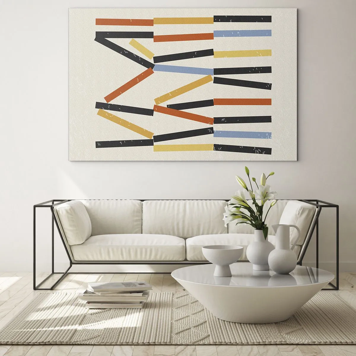 Glasbild - Bild auf glas - Bunte Abstraktion von horizontalen und diagonalen Streifen auf hellem Hintergrund - 70x50cm - Komposition auf der Ebene - Moderne Wanddekoration für Wohnzimmer und Schlafzimmer ARTTOR