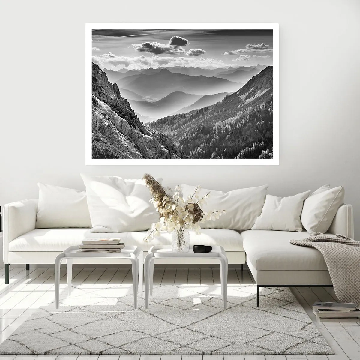 Poster - Schwarz-weiße Berglandschaft mit Wolken über den Gipfeln - 100x70cm - Bis zum Horizont - Moderne Wanddekoration für Wohnzimmer und Schlafzimmer ARTTOR