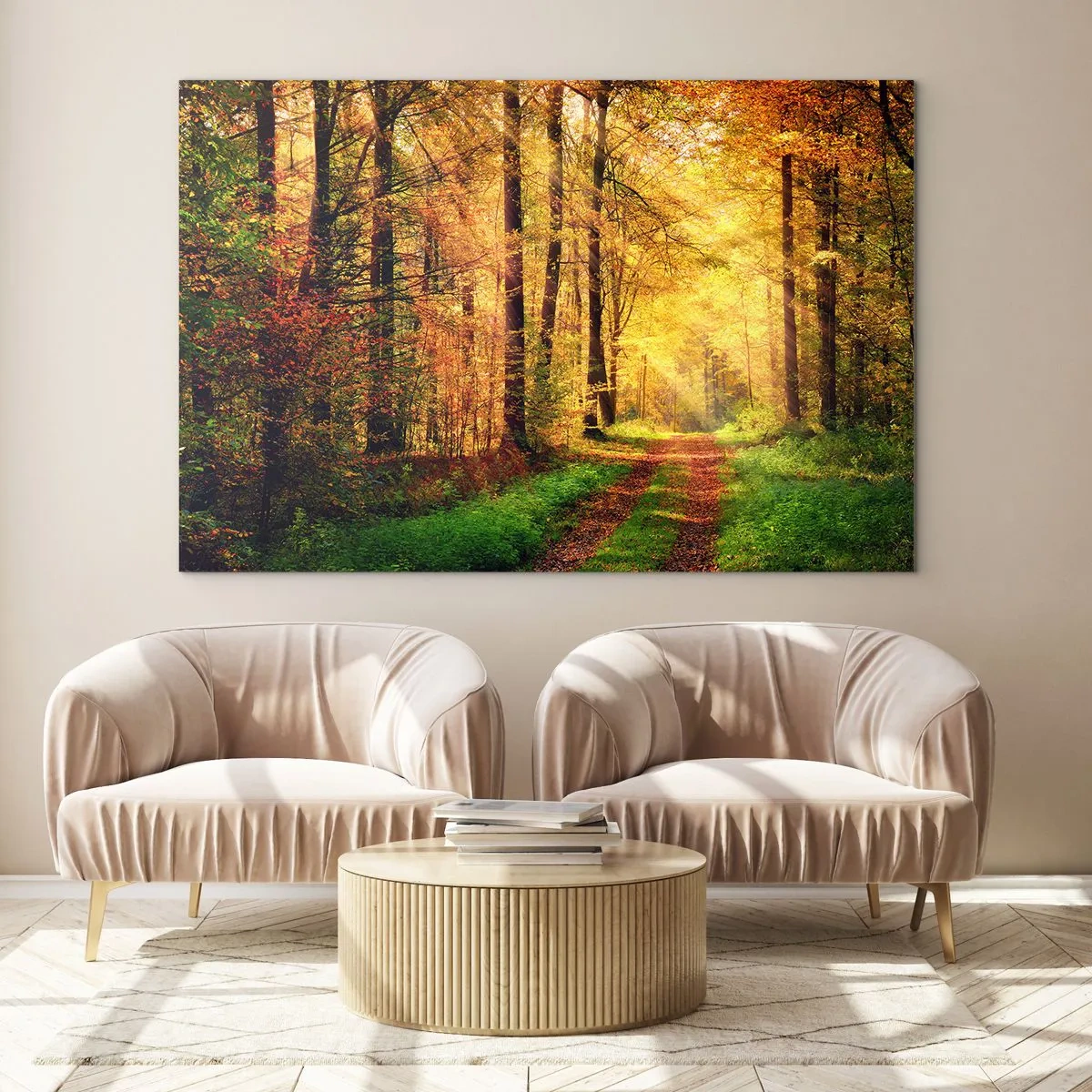 Glasbild - Bild auf glas - Herbstpfad im Wald mit Sonnenstrahlen - 70x50cm - Waldgoldene Stille - Moderne Wanddekoration für Wohnzimmer und Schlafzimmer ARTTOR