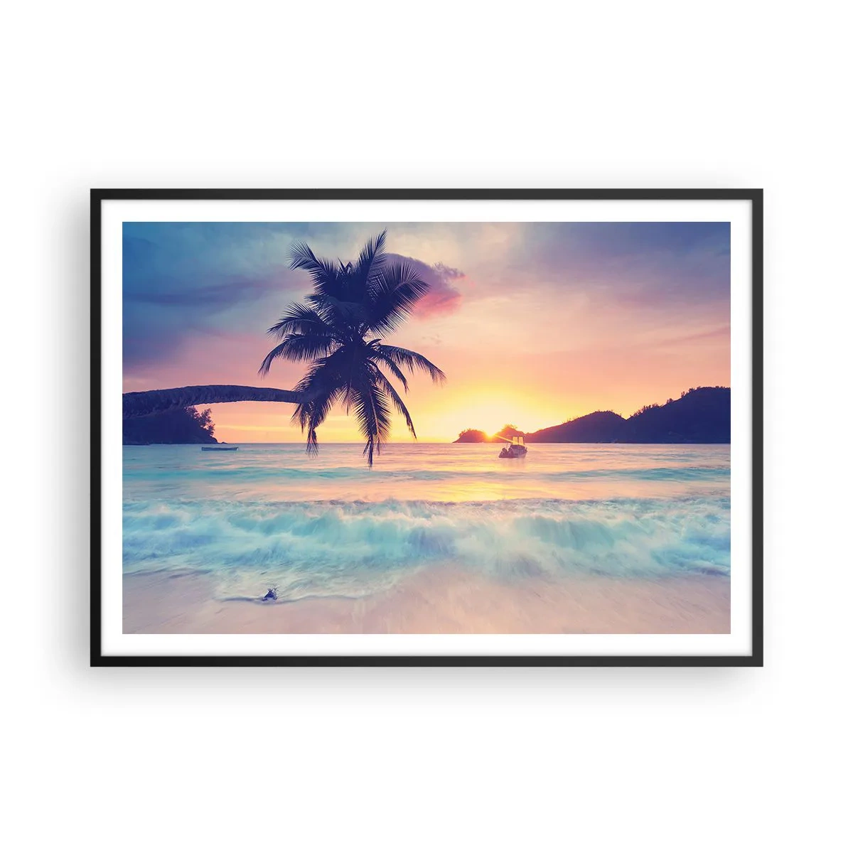 Poster in einem schwarzem Rahmen - Strand mit Palmen und Sonnenuntergang über dem Meer - 100x70cm - Ein Abend in der Bucht - Moderne Wanddekoration für Wohnzimmer und Schlafzimmer ARTTOR
