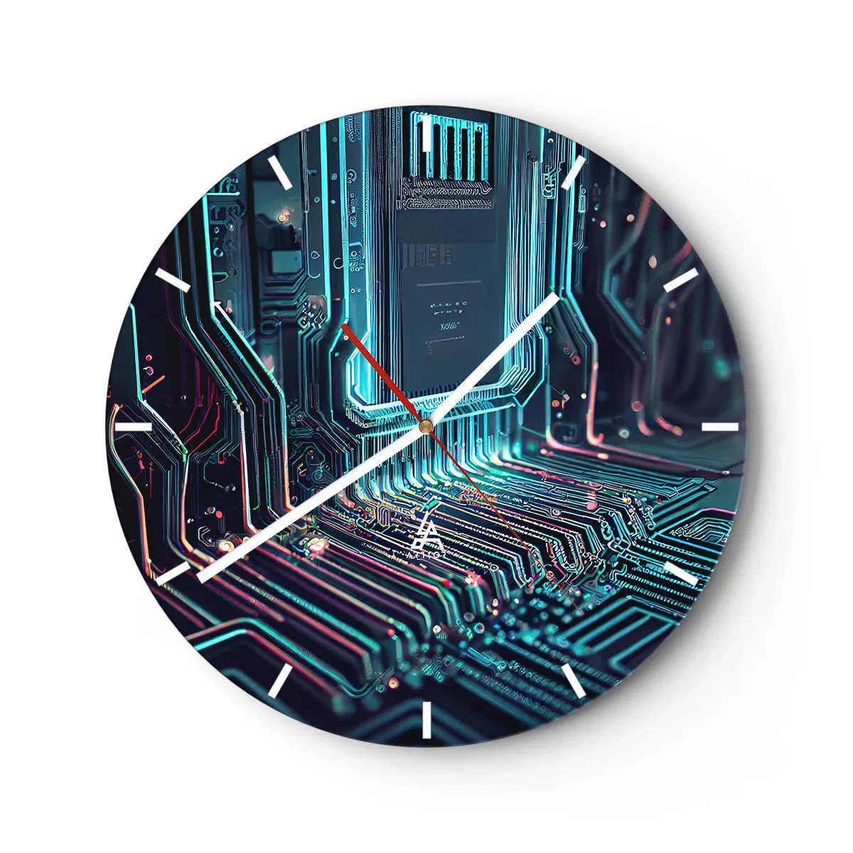 Wanduhr - Glasuhr - Nahaufnahme eines neonfarbenen integrierten Schaltkreises im futuristischen Stil - 30x30cm - Ich denke nur… - Moderne Wanddekoration für Wohnzimmer, Küche und Schlafzimmer ARTTOR