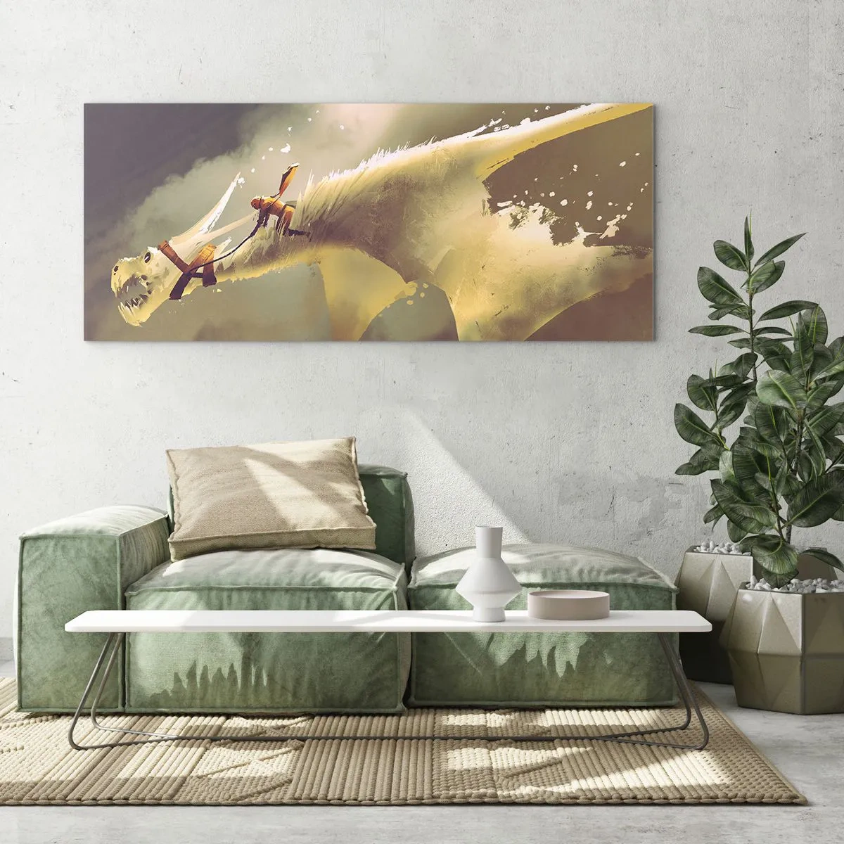 Glasbild - Bild auf glas - Illustration eines Drachenreiters in einer Fantasy-Wolkenlandschaft - 120x50cm - Die Welt zur Rettung - Moderne Wanddekoration für Wohnzimmer und Schlafzimmer ARTTOR