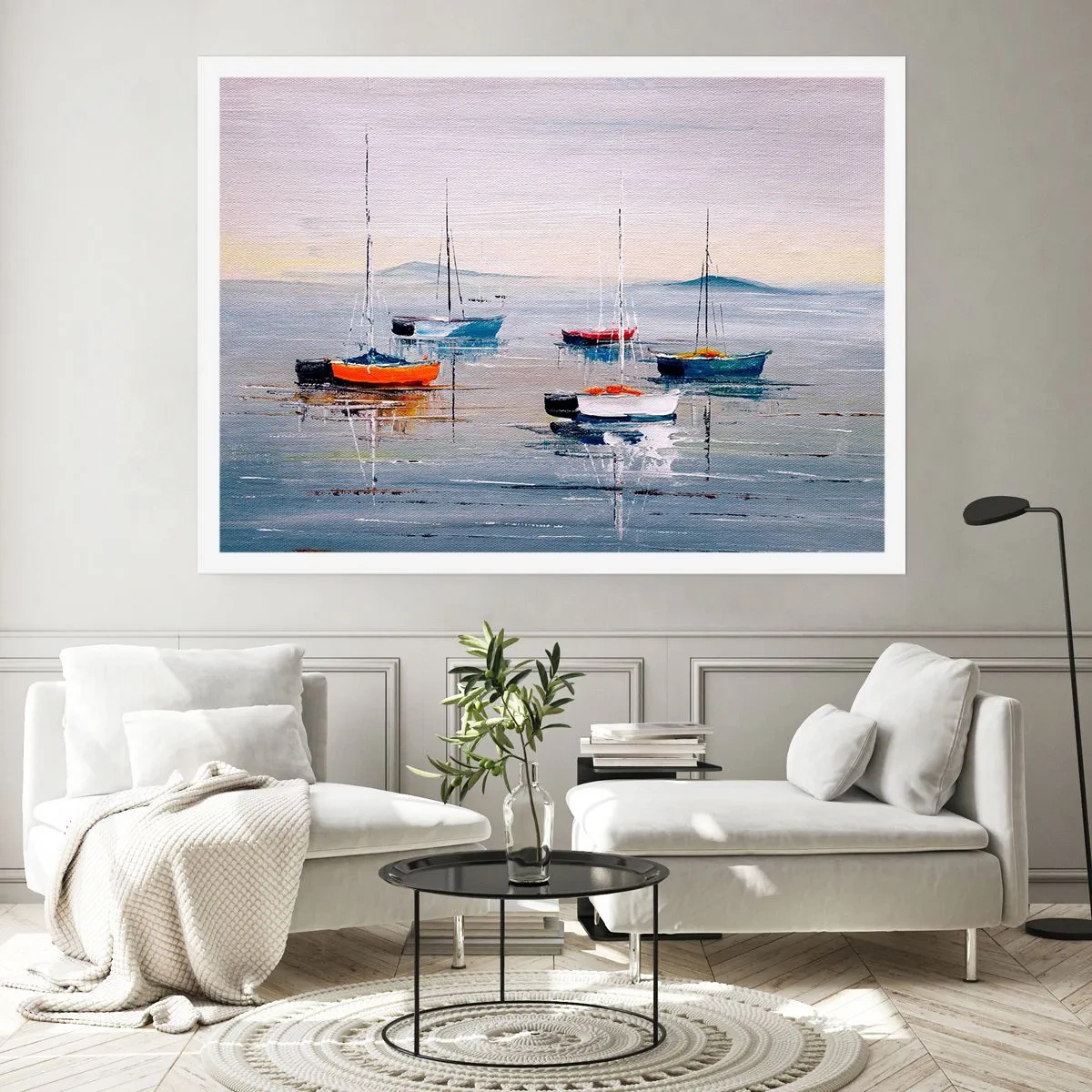 Poster - Bunte Boote auf ruhigem Wasser - 100x70cm - Wohlverdiente Ruhe - Moderne Wanddekoration für Wohnzimmer und Schlafzimmer ARTTOR