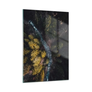 Glasbild - Bild auf glas - Eine Vogelperspektive auf eine Waldlandschaft mit einem gewundenen Bach - 50x70cm - Schnell und immer schneller - Moderne Wanddekoration für Wohnzimmer und Schlafzimmer ARTTOR