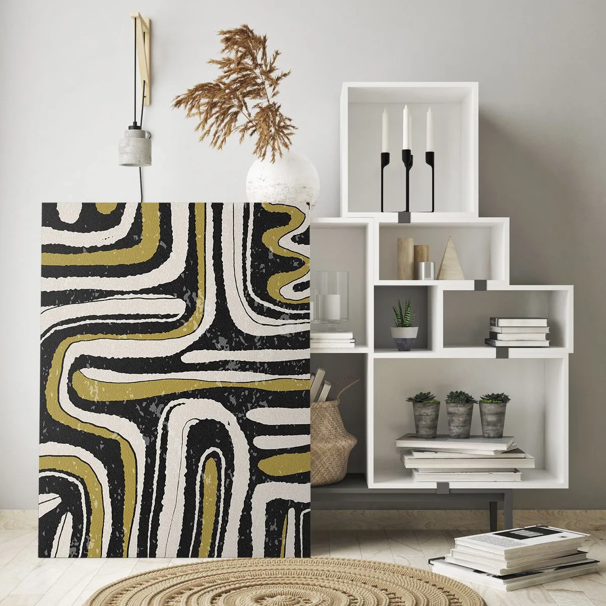 Glasbild - Bild auf glas - Abstraktes Muster in Schwarz, Weiß und Gold - 70x100cm - Komposition: Straßen und Gassen - Moderne Wanddekoration für Wohnzimmer und Schlafzimmer ARTTOR