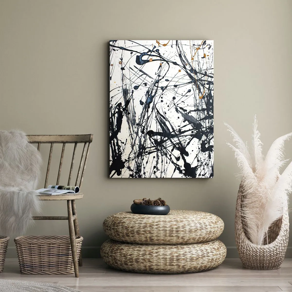 Bild auf Leinwand - Leinwandbild - Ein abstraktes Gemälde mit Farbspritzern in dynamischen Mustern. - 50x70cm - Expressionistische Abstraktion - Moderne Wanddekoration für Wohnzimmer und Schlafzimmer ARTTOR