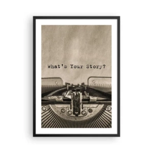 Poster in einem schwarzem Rahmen - Eine alte Schreibmaschine mit den Worten „What’s Your Story“ darauf - 50x70cm - Erzähl es mir - Moderne Wanddekoration für Wohnzimmer und Schlafzimmer ARTTOR