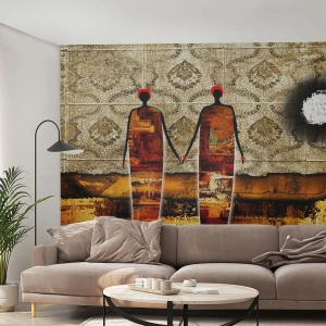 Fototapete Premium Canvas - Ethnische Zusammensetzung in den Farben Afrikas - Menschen, Afrika, Grafik - 500x350 cm