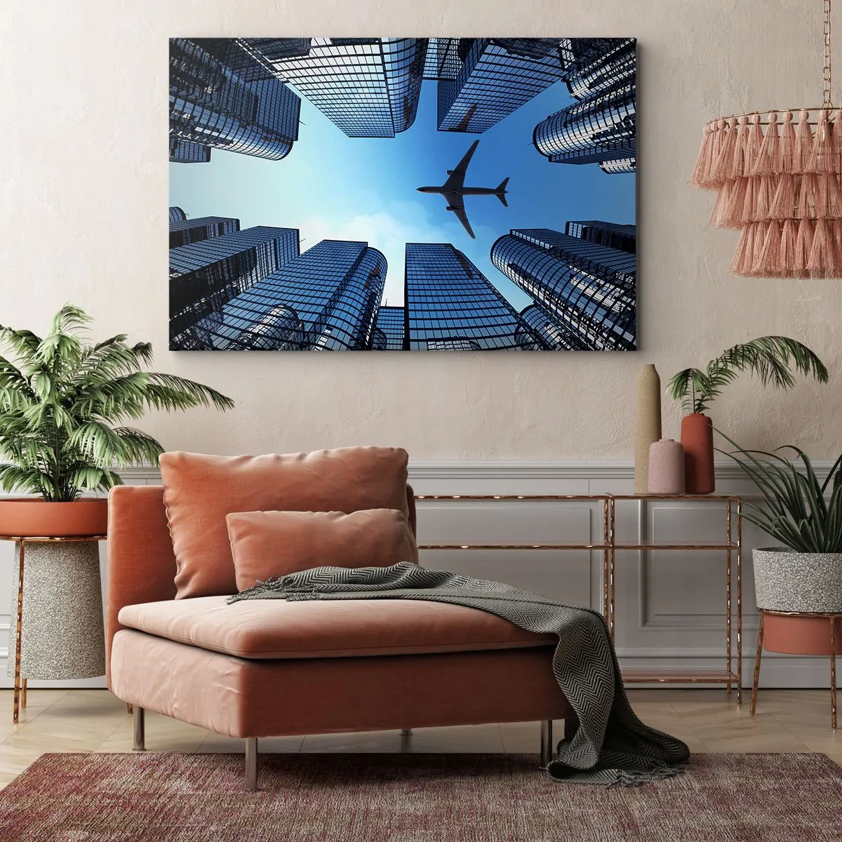 Bild auf Leinwand - Leinwandbild - Ein Flugzeug fliegt über moderne Wolkenkratzer im Stadtzentrum. - 120x80cm - Der Blick aus der Glasschlucht - Moderne Wanddekoration für Wohnzimmer und Schlafzimmer ARTTOR