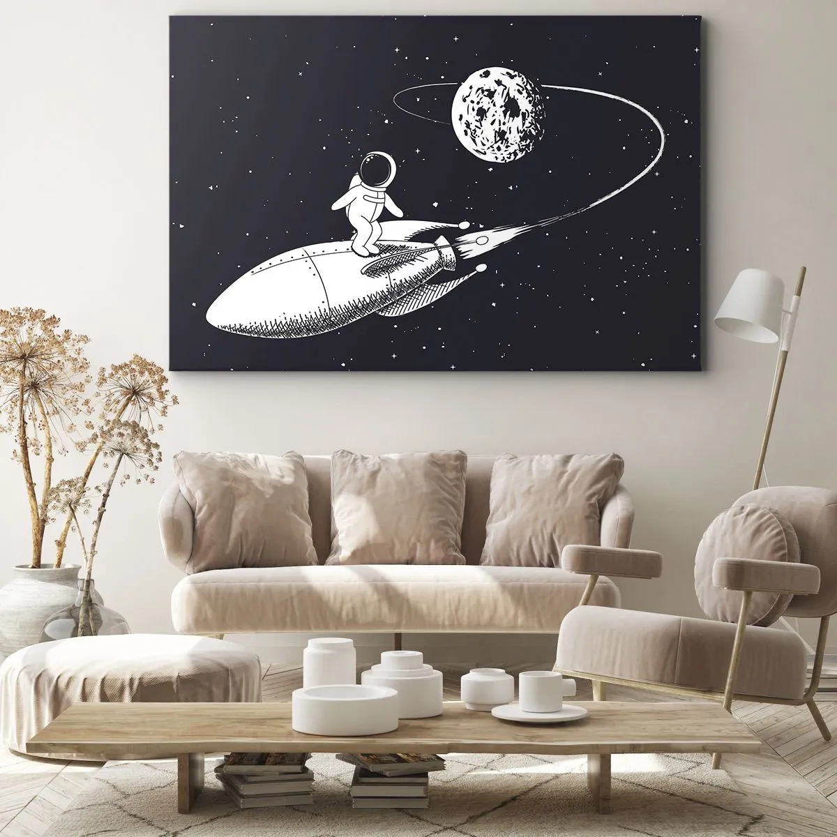 Bild auf Leinwand - Leinwandbild - Astronaut auf einer Rakete im Weltraum - 120x80cm - Weltraumsurfer - Moderne Wanddekoration für Wohnzimmer und Schlafzimmer ARTTOR