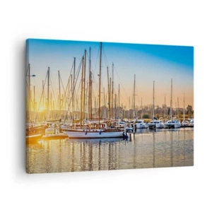 Bild auf Leinwand - Leinwandbild - Sonnenuntergang über einem Yachthafen voller Segelboote - 70x50cm - Der Wind muss auch schlafen - Moderne Wanddekoration für Wohnzimmer und Schlafzimmer ARTTOR