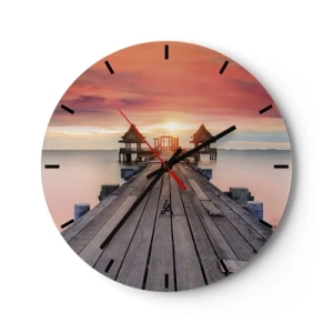 Wanduhr - Glasuhr - Holzsteg führt zu Pavillons am Meer bei Sonnenuntergang - 30x30cm - Westen im Osten - Moderne Wanddekoration für Wohnzimmer, Küche und Schlafzimmer ARTTOR