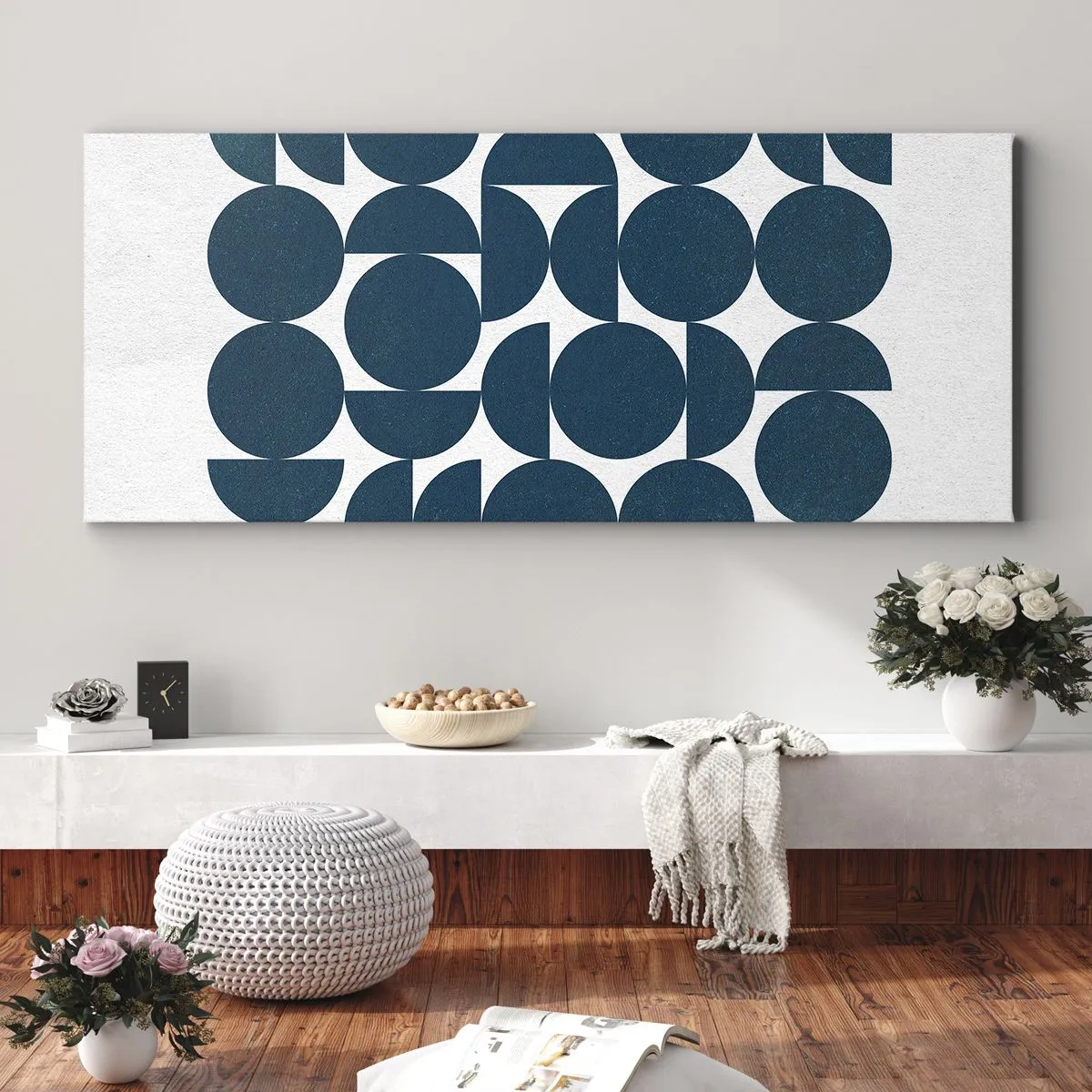 Bild auf Leinwand - Leinwandbild - Geometrische Formen in Marineblautönen auf weißem Hintergrund - 120x50cm - Kreise und Halbkreise - Moderne Wanddekoration für Wohnzimmer und Schlafzimmer ARTTOR