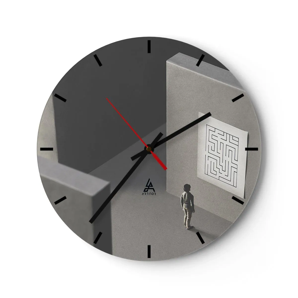 Wanduhr - Glasuhr - Eine Figur steht vor einem Labyrinth an einer grauen Wand - 30x30cm - Aber wo bin ich? - Moderne Wanddekoration für Wohnzimmer, Küche und Schlafzimmer ARTTOR