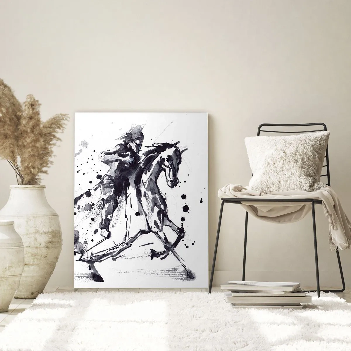 Glasbild - Bild auf glas - Schwarz-weißes Aquarell eines Reiters auf einem galoppierenden Pferd - 70x100cm - Schwarzer Ritter - Moderne Wanddekoration für Wohnzimmer und Schlafzimmer ARTTOR