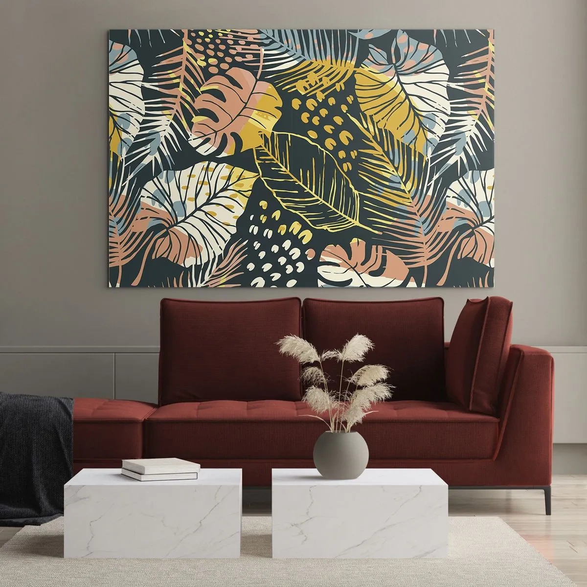 Glasbild - Bild auf glas - Ein Muster aus tropischen Blättern in leuchtenden Farben, voller Energie und Exotik. - 120x80cm - Grüne Fantasie - Moderne Wanddekoration für Wohnzimmer und Schlafzimmer ARTTOR