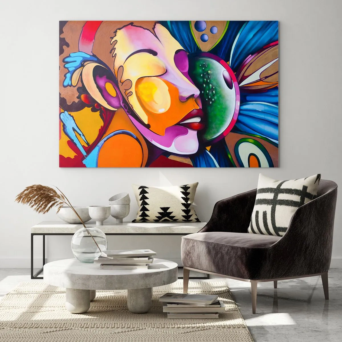 Glasbild - Bild auf glas - Bunte Abstraktion von Gesichtern im Street-Art-Stil - 70x50cm - Mit Farbe berühren - Moderne Wanddekoration für Wohnzimmer und Schlafzimmer ARTTOR