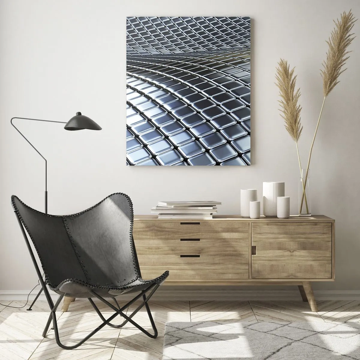 Glasbild - Bild auf glas - Abstrakte Oberfläche mit glänzenden Metallquadraten - 50x70cm - Metallische silberne Welle - Moderne Wanddekoration für Wohnzimmer und Schlafzimmer ARTTOR
