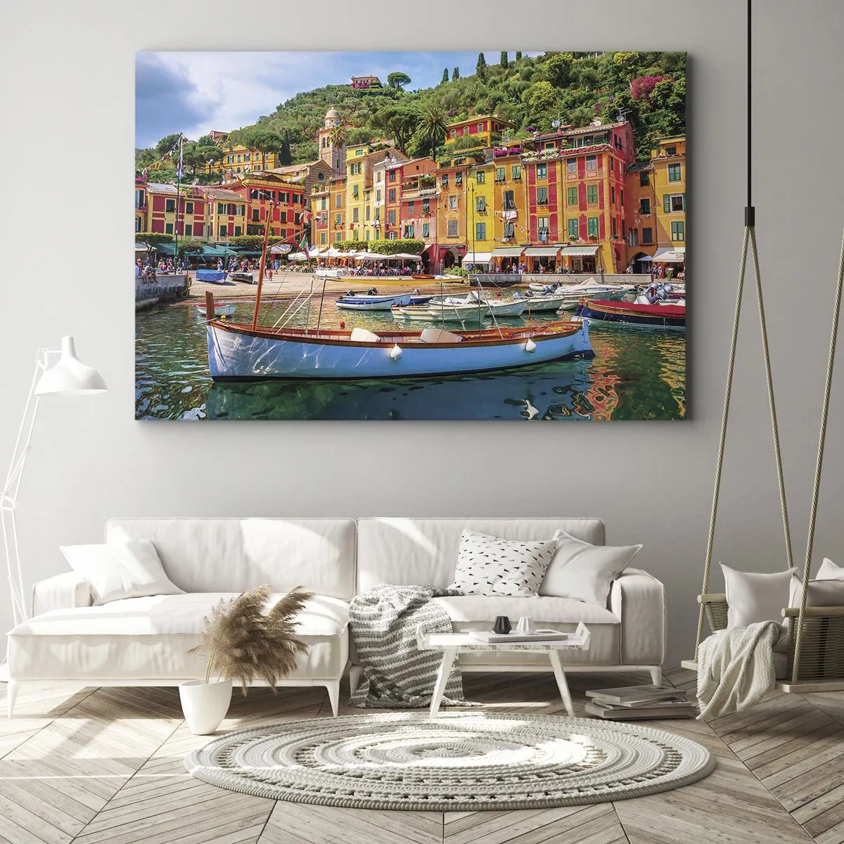 Bild auf Leinwand - Leinwandbild - Bunte Stadthäuser und Boote in einer italienischen Küstenstadt - 100x70cm - Italienischer Morgen - Moderne Wanddekoration für Wohnzimmer und Schlafzimmer ARTTOR