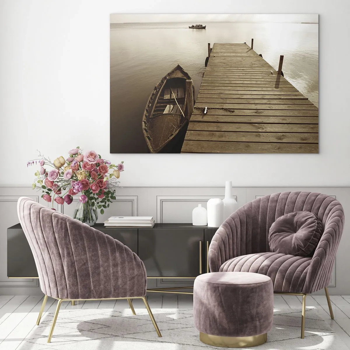 Glasbild - Bild auf glas - Ein Boot an einem Pier auf einem ruhigen See in Sepia - 70x50cm - Großer Frieden - Moderne Wanddekoration für Wohnzimmer und Schlafzimmer ARTTOR