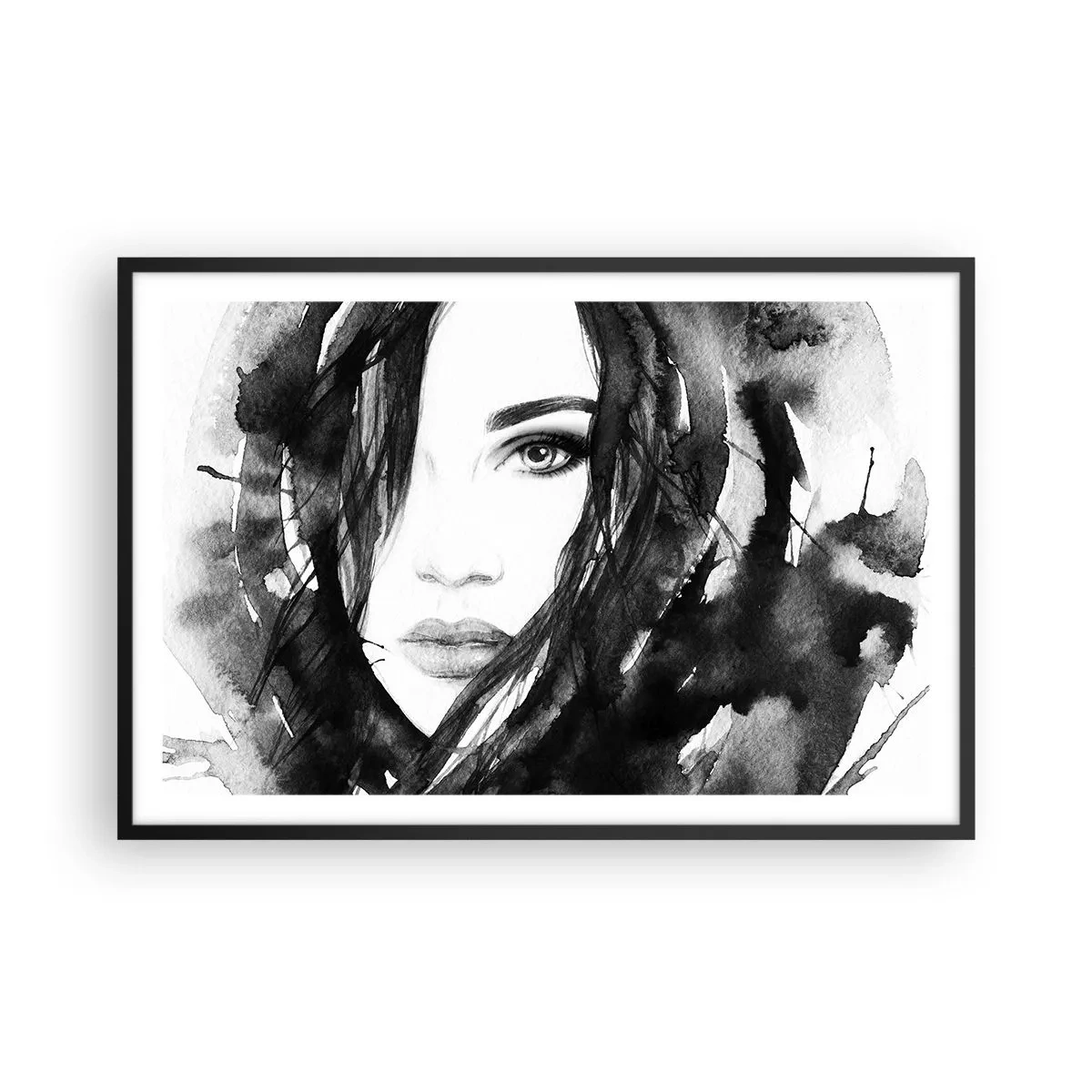 Poster in einem schwarzem Rahmen - Porträt einer Dame in Schwarzweiß - 91x61 cm