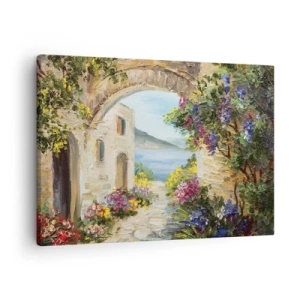 Bild auf Leinwand - Leinwandbild - Küstenlandschaft mit Steingebäuden und Blumen - 70x50cm - Charme einer Küstenprovinz - Moderne Wanddekoration für Wohnzimmer und Schlafzimmer ARTTOR
