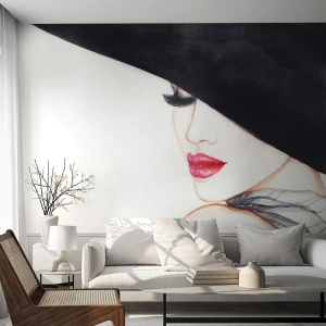 Fototapete Premium Sand - Elegante Frau mit Hut und roten Lippen - 100x70cm - Eleganz und Sinnlichkeit - Moderne Wanddekoration für Wohnzimmer und Schlafzimmer ARTTOR