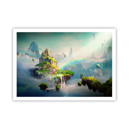 Poster - Fliegende Inseln zwischen den Wolken mit einem Regenbogen am Horizont - 100x70cm - Mitten am Himmel - glückliche Inseln - Moderne Wanddekoration für Wohnzimmer und Schlafzimmer ARTTOR