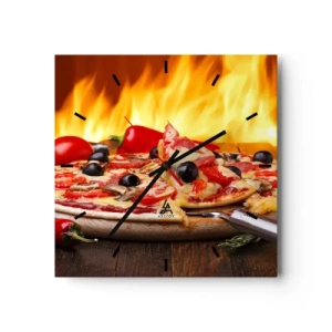 Wanduhr - Glasuhr - Pizza mit Oliven, Tomaten und Paprika vor Flammenhintergrund - 30x30cm - Aus Italien mit Liebe - Moderne Wanddekoration für Wohnzimmer und Schlafzimmer ARTTOR