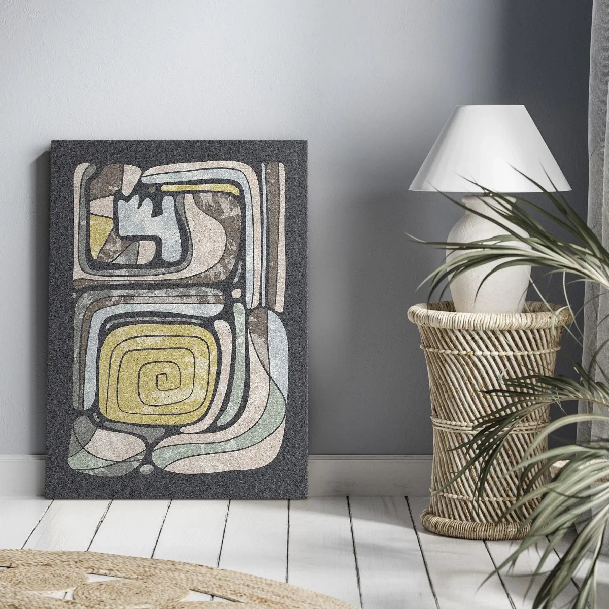 Bild auf Leinwand - Leinwandbild - Präkolumbianische Muster in Pastellfarben auf dunklem Hintergrund - 50x70cm - Abstraktion im präkolumbianischen Geist - Moderne Wanddekoration für Wohnzimmer und Schlafzimmer ARTTOR